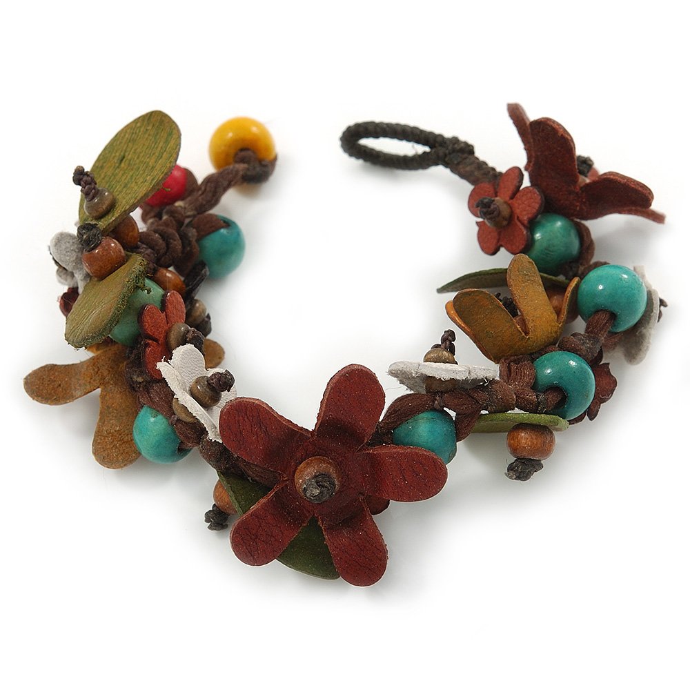 Avalaya Handmade Multicoloured Leather Flowers, Wood Bead Bracelet with Button and Loop Closure - 16cm L (For smaller wrists)