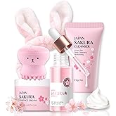 Skincare Set Sakura Teen Girls Gifts - Skin Care Set - Skincare for Teens 10-12 Hydrating - Travel Size Facial Kit for Women with Cleanser,Serum,Cream,Bunny Headband,Cleansing Brush(5pcs)