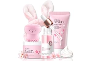 EVOLVIQUE Skincare Set Sakura Teen Girls Gifts - Skin Care Set - Skincare for Teens 10-12 Hydrating - Travel Size Facial Kit for Women with Cleanser,Serum,Cream,Bunny Headband,Cleansing Brush（5pcs）