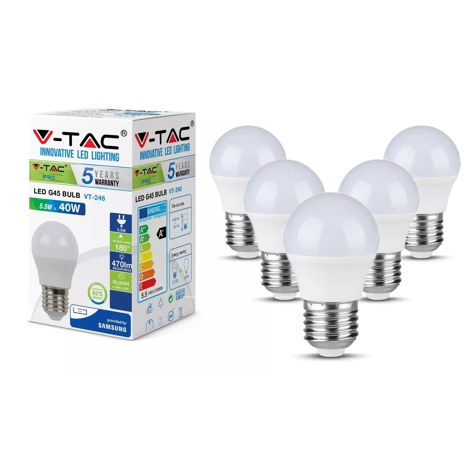 V-TAC E27 LED Golf Ball Bulb - 5.5W Equivalent to 40W, 4000K Day White, Non Dimmable - Pack of 5