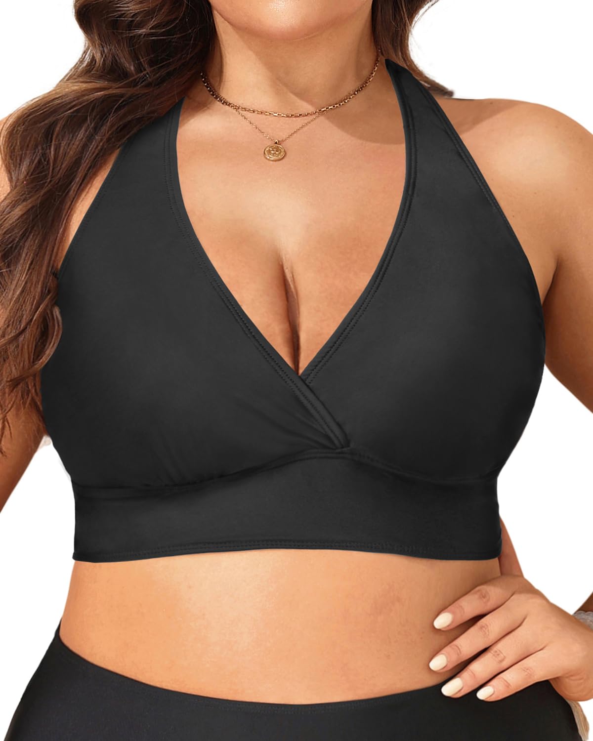 Photo 1 of Yonique Women's Plus Size Bikini Tops Only Halter Swimsuit Top Large Bust Swim Top V Neck Bathing Suit Tops Black 18W