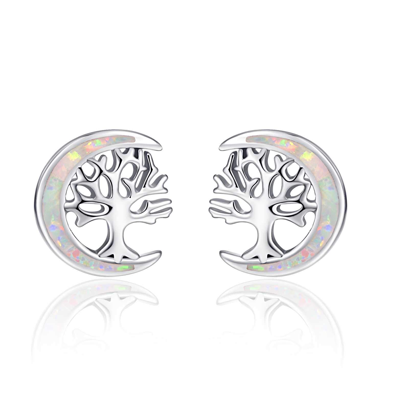 TANGPOET Tree of Life Earrings for Women 925 Sterling Silver Family Tree Stud Earring for Girls, Birthday Jewellery Gifts for Her, Opal
