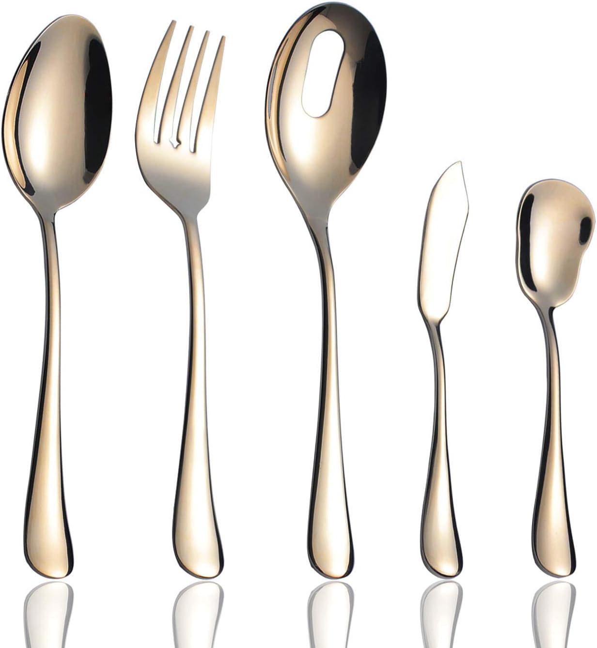 Onlycooker Serving Set 5-Piece Hostess Set, Gold Serving Utensils 18/10 Stainless Steel Server Flatware Silverware with Large Serving Fork Slotted Spoon Butter Knife Sugar Spoon Dishwasher Safe