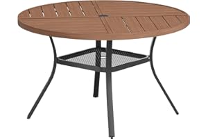 VICLLAX Round Patio Table with Adjustable Umbrella Hole for 4, All Weather Metal Outdoor Dining Table for Lawn Garden, 40.6" Outdoor Coffee Table, Walnut Wood-Like Tabletop