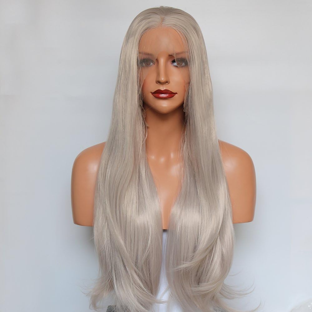 Silver Platinum Blonde Lace Front Wig Ash Long Natural Wavy Soft Synthetic Fiber Hair Replacement Wigs for Women 24"