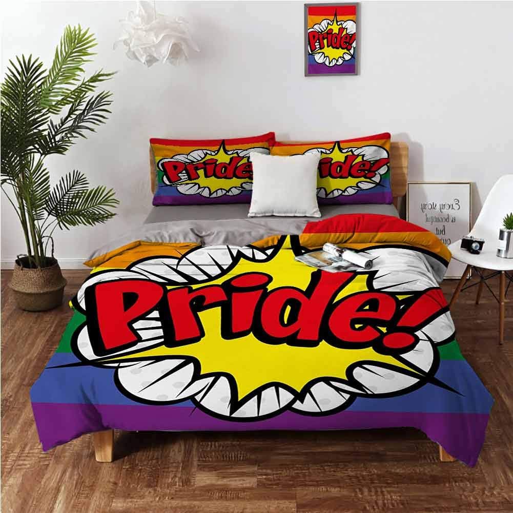 Pride Duvet Cover Set Pop Art Style Comic Book Icon Pride Hand Lettering Effect and Rainbow Flag Image Comforter Cover and 2 Pillow Shams Duvet Cover Set with Zipper Closure - Twin 68"x90" Multicolor