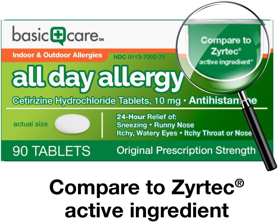  Basic Care All Day Allergy, Cetirizine Hydrochloride Tablets, 10 mg, Antihistamine, 90 Count: Health & Personal Care