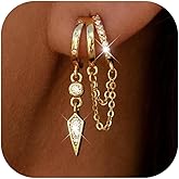 Gold Dangle Earrings for Women Triple Huggie Hoop Stud Earrings Cute Statement Chain Earring Dainty Drop Earrings for Women