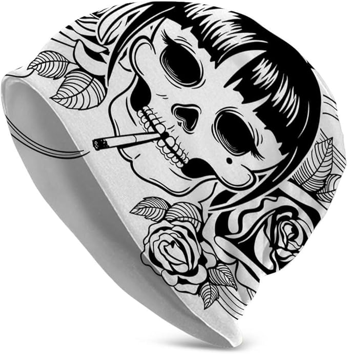 Sdltkhy Vector Black White Tattoo Woman Skull Beanie Skull Knit Cuff Beanie Cap Mens Womens