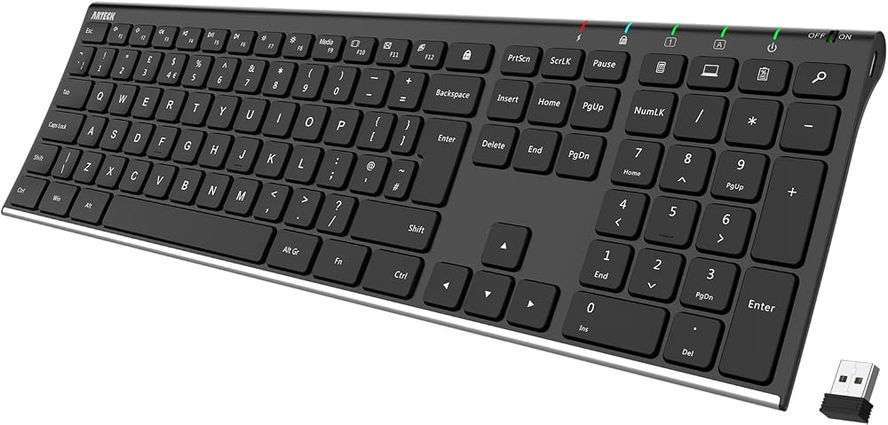 Arteck 2.4G Wireless Keyboard Stainless Steel Ultra Slim Full Size with Numeric