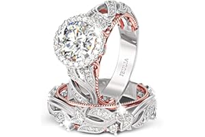 Jeulia 4 Carat Openwork Ring Sets for Women 925 Sterling Silver Wedding Sets Rose Gold Round Cut Halo Engagement Ring White Diamond band CZ Solitaire Anniversary Promise Rings