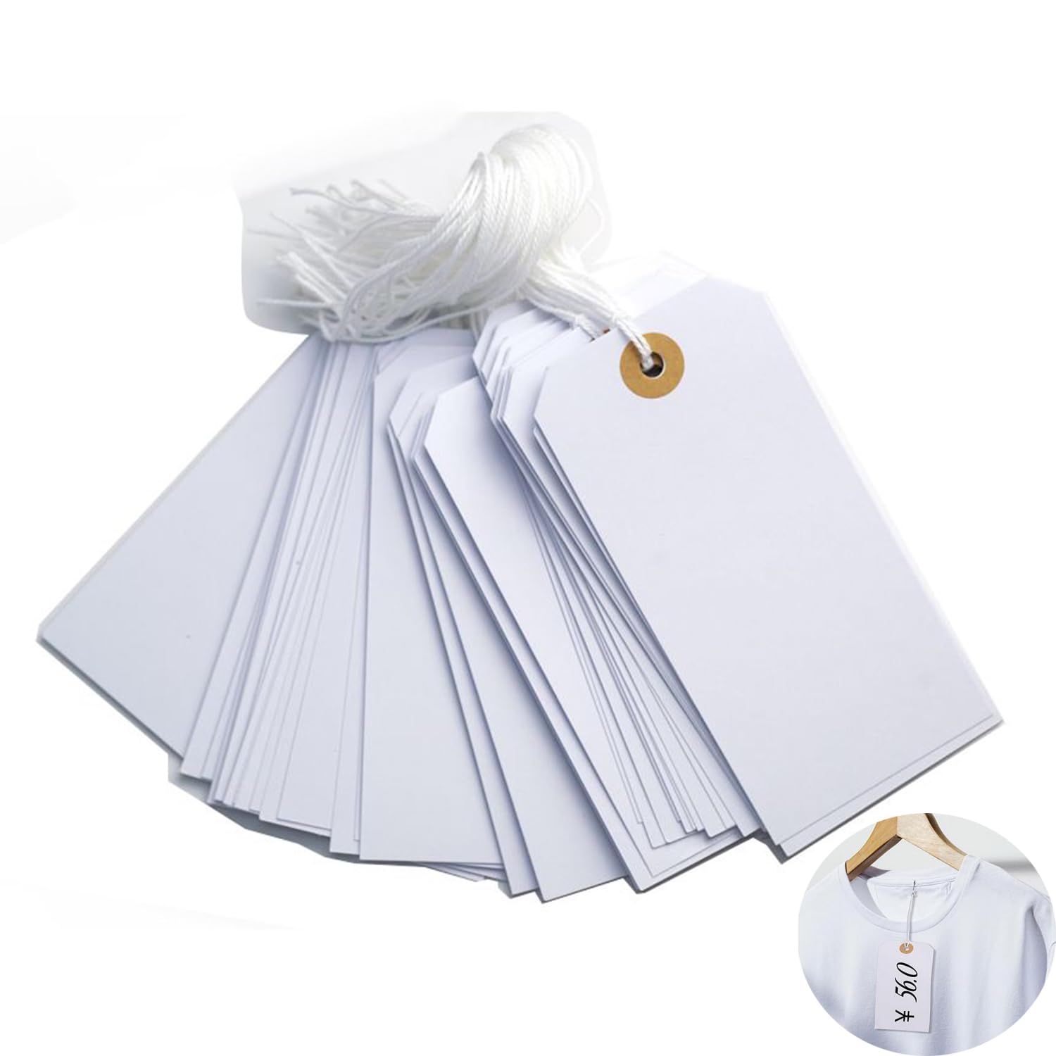 Great White Tags - 100 Large Marking Tags with Elastic String, Reinforced Hole, Perfect Writable for All Occasions (4.76'' x 2.36'')