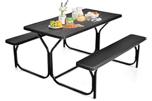 ORALNER Picnic Table, Resin Dining Table & 2 Benches Set, Weather Resistant Wood Grain Tabletop & Steel Frame, Plastic Picnic