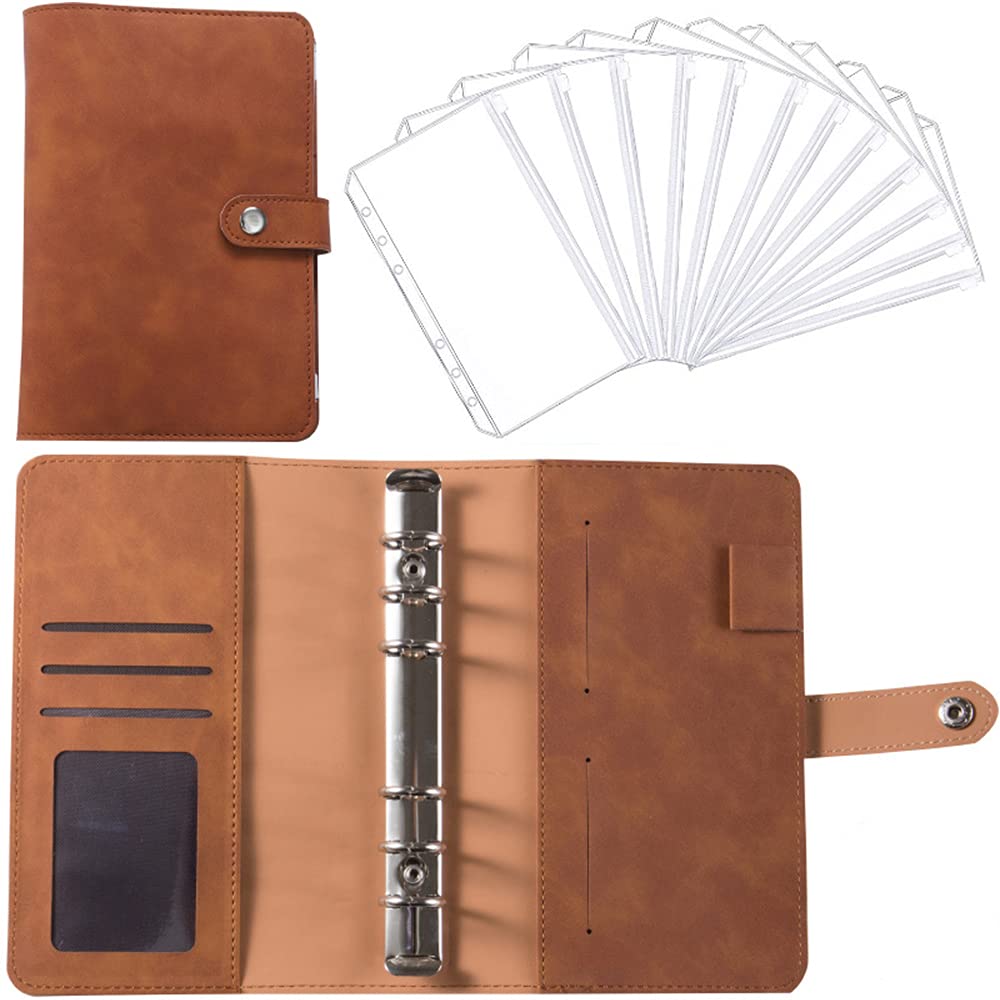 CATTY A6 Notebook Binder, Brown, 12 Loose Leaf, Multi Pocket, School/Office/Travel Notebook