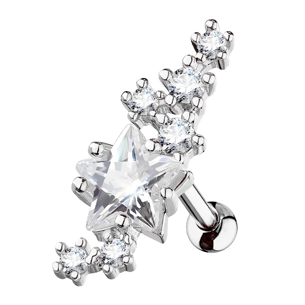PiercedOff 316L Surgical Steel Star 1.2mm Cartilage Barbell With Clear CZ Gems - Bar Length 6mm