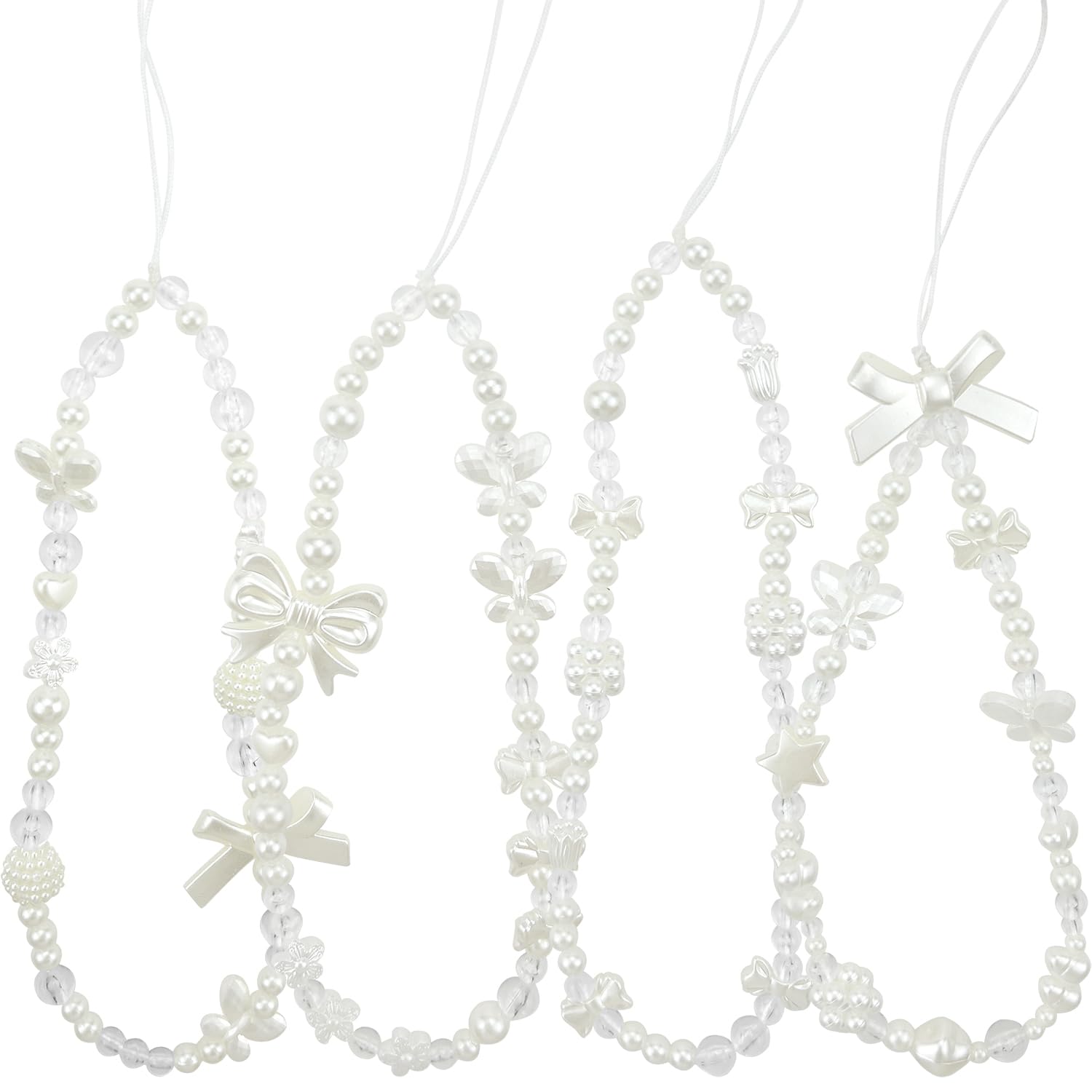 Jaczora 4PCS Bling Crystal bow Phone Charm,Pearl Butterfly Bracelet Wrist Strap,Phone Wrist Strap Lanyard Anti Lost for Women Girls