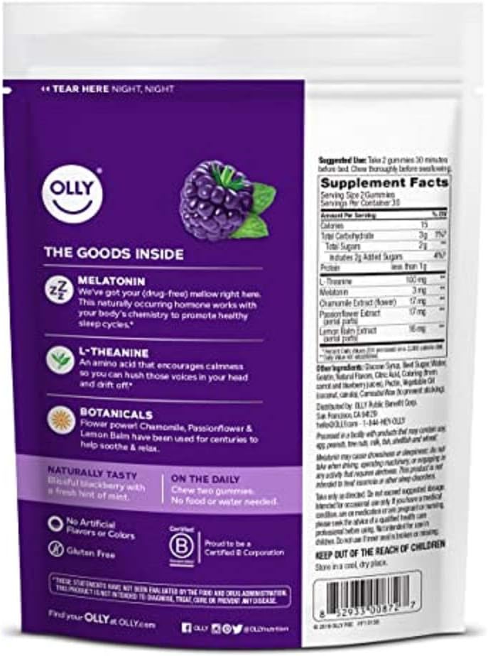 OLLY Sleep Melatonin Gummy, All Natural Flavor and Colors with L Theanine, Chamomile, and Lemon Balm, 3 mg per serving, 30 Day Supply (60 gummies): Health & Personal Care