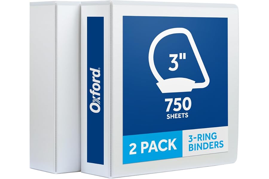 Oxford 3 Inch 3 Ring Binders, 2 Pack, White, Holds 750 Sheets | D rings, clear view covers for custom inserts, and 2 inside pockets. PVC free, non stick.