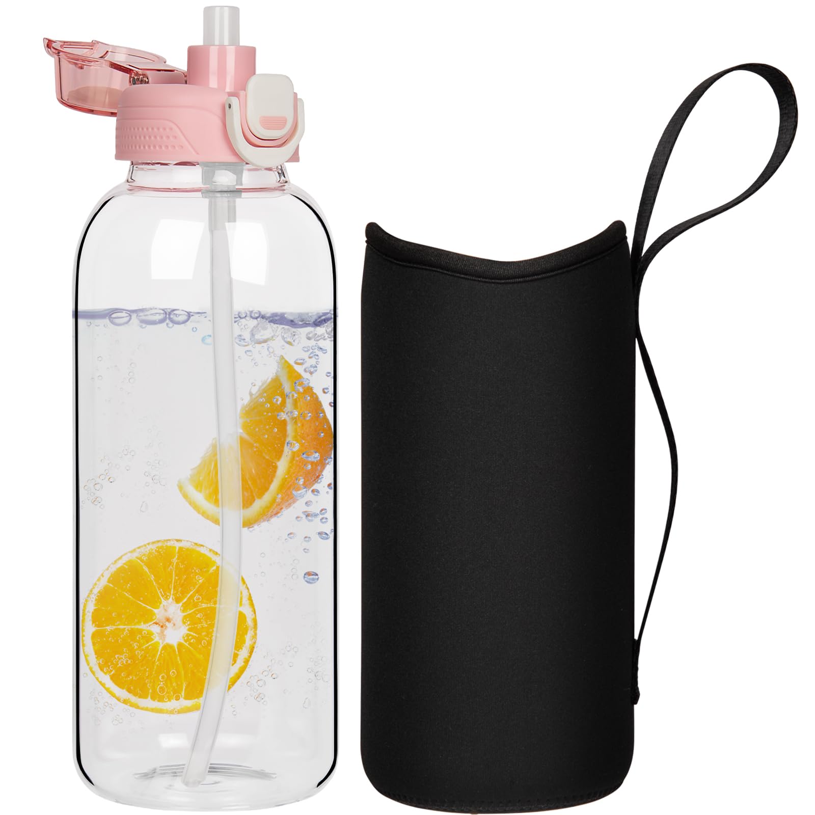 DEARRAY 1.5l Glass Water Bottle with Straw & Neoprene Sleeve 1.5 litre BPA free Large Glass Drinking Bottle Leakproof