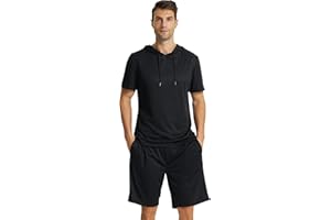 YUSHOW Mens Tracksuit 2 Piece Hooded Athletic Shirt with Short Sleeve Active Running Workout Shorts with Pocket Set Quick Dry