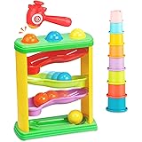 Award Winning Pound a Ball with Rocket Hammer + 8 Stacking Cups for 1 Year Old Boys and Girls|Durable Pound & Roll for Toddle