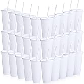 Honeydak 30 Pack Tumbler with Straw and Lid Bulk Cups for Gifts Water Bottle Iced Coffee Travel Mug Cup Reusable Plastic Tumblers for Party Birthdays 24-27 oz (White Color)