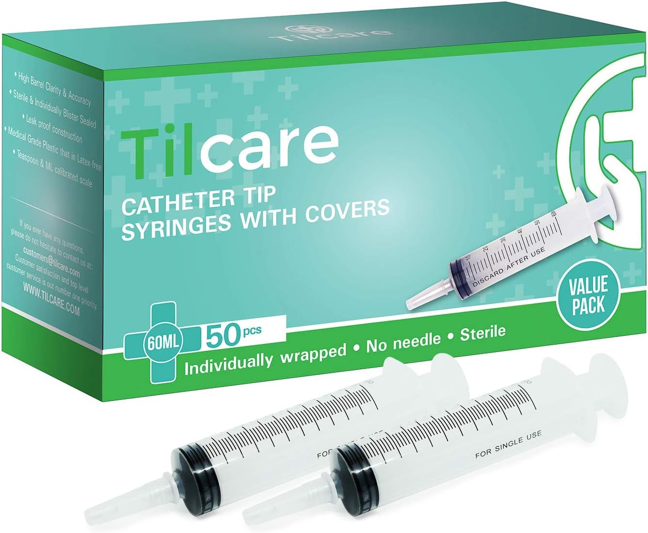 View 1 of 60ml Catheter Tip Syringe with Covers 50 Pack by Tilcare - Sterile Plastic Medicine Food Droppers for Children, Pets or Adults – Latex-Free Oral Medication Dispenser - Large Feeding Tube Syringes