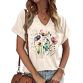 PUCKOLITY Vintage Flowers V Neck Shirt for Women Boho Floral Wildflowers Graphic Tee Casual Cottagecore Summer T Shirt