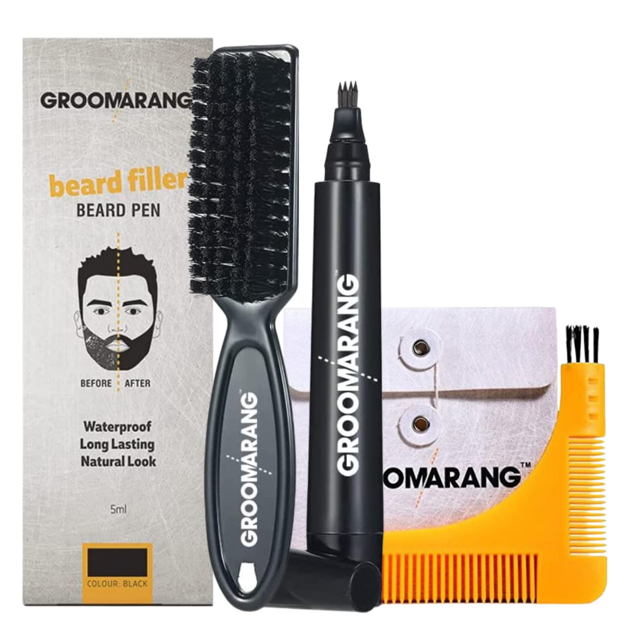 Beard Pen GROOMARANG® Beard Pencil Filler for Men - Natural Enhancer to Fill, Shape and Define - Black or Brown PLUS Beard Shaping Comb (Black)