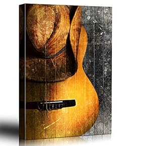 Guitar and Cowboy hat on Rustic Wood - Weathered hat Rests on an Acoustic Guitar - Painted Wood Texture Country Style - Canvas Art Home Art - 12x18 inches