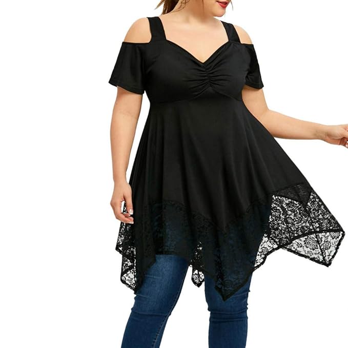 Proumy Beiläufig Damen Tops,Mode Trägerlos Bluse Spitze Shirt Übergröße Kurze Ärmel Tees Schlinge T-Shir Oberteile