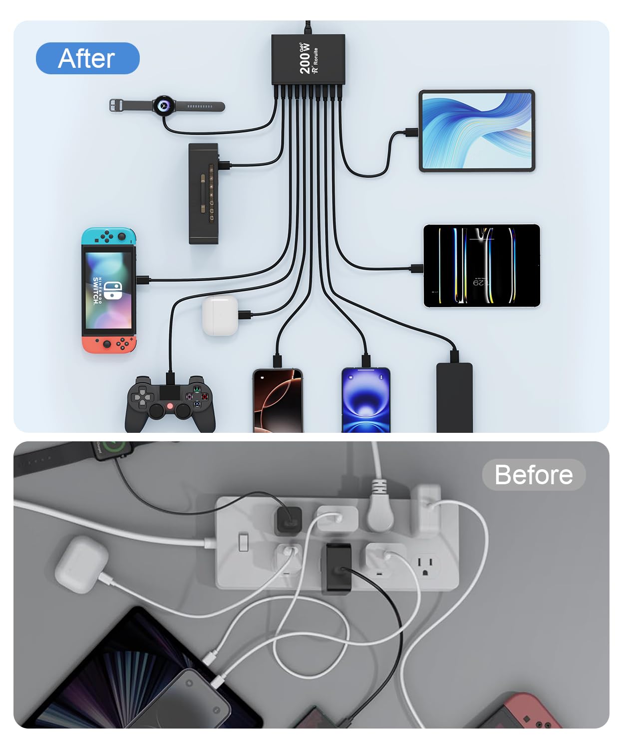 USB C Charging Station 10 Port with 4 USB Cables, 200W GaN Type C Charger Block, Wall Charger Power Strip Adapter Plug for iPad iPhone17 16 15 14 13 12 Pro Max Pixel Note Galaxy