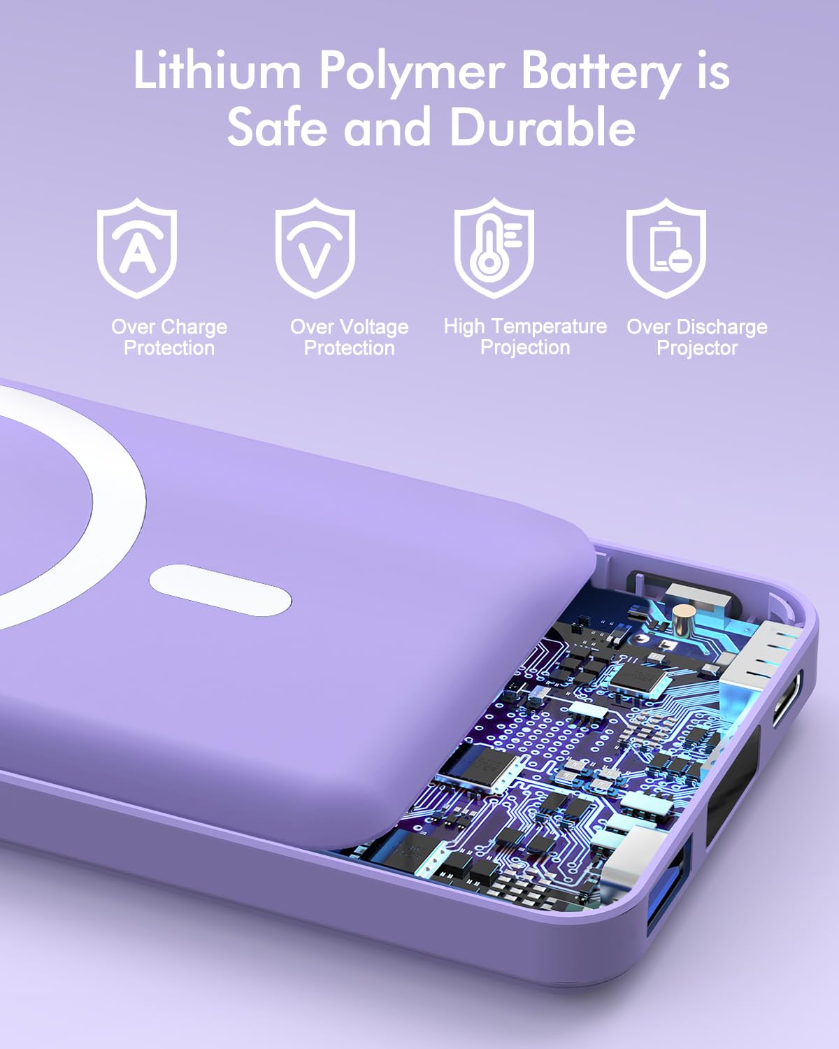 podoru for Magsafe Battery Pack, 10000mAh Magnetic Power Bank with Type-C Cable LED Display 22.5W PD Fast Charging Wireless Portable Charger for iPhone 16/15/14/13/12 Series-Purple