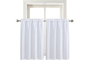 Home Queen White Water Resistant Bathroom Window Curtain, Waffle Textured Half Tier Curtains for Kitchen Cafe, 28" W X 45" L Inches, Set of 2