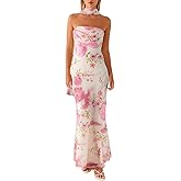 Women Floral Tube Maxi Dress with Scarf Summer Strapless Tube Bodycon Mesh Layer Cocktail Party Wedding Guest Dress