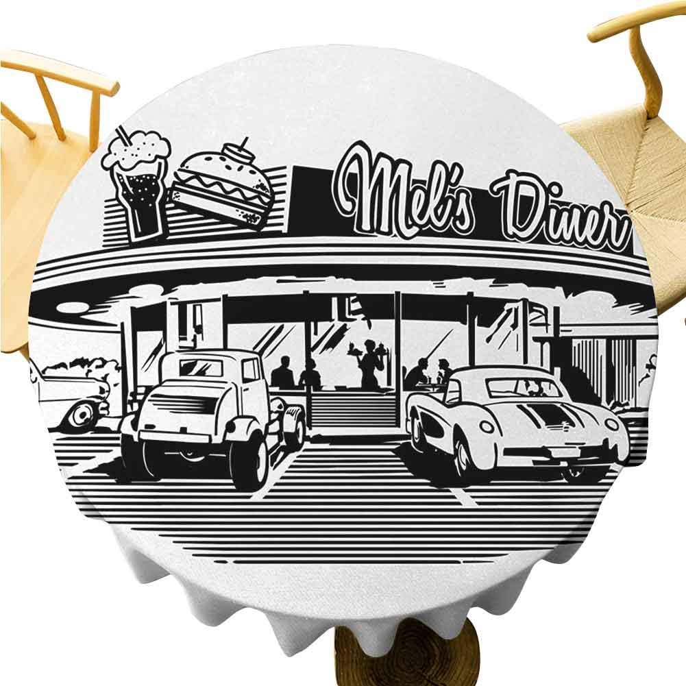 UETECH Wrinkle Free Round Tablecloths Retro Nostalgic Illustration of Retro Diner Restaurant with Vintage Cars Back in Fifties Black White Diameter 50"