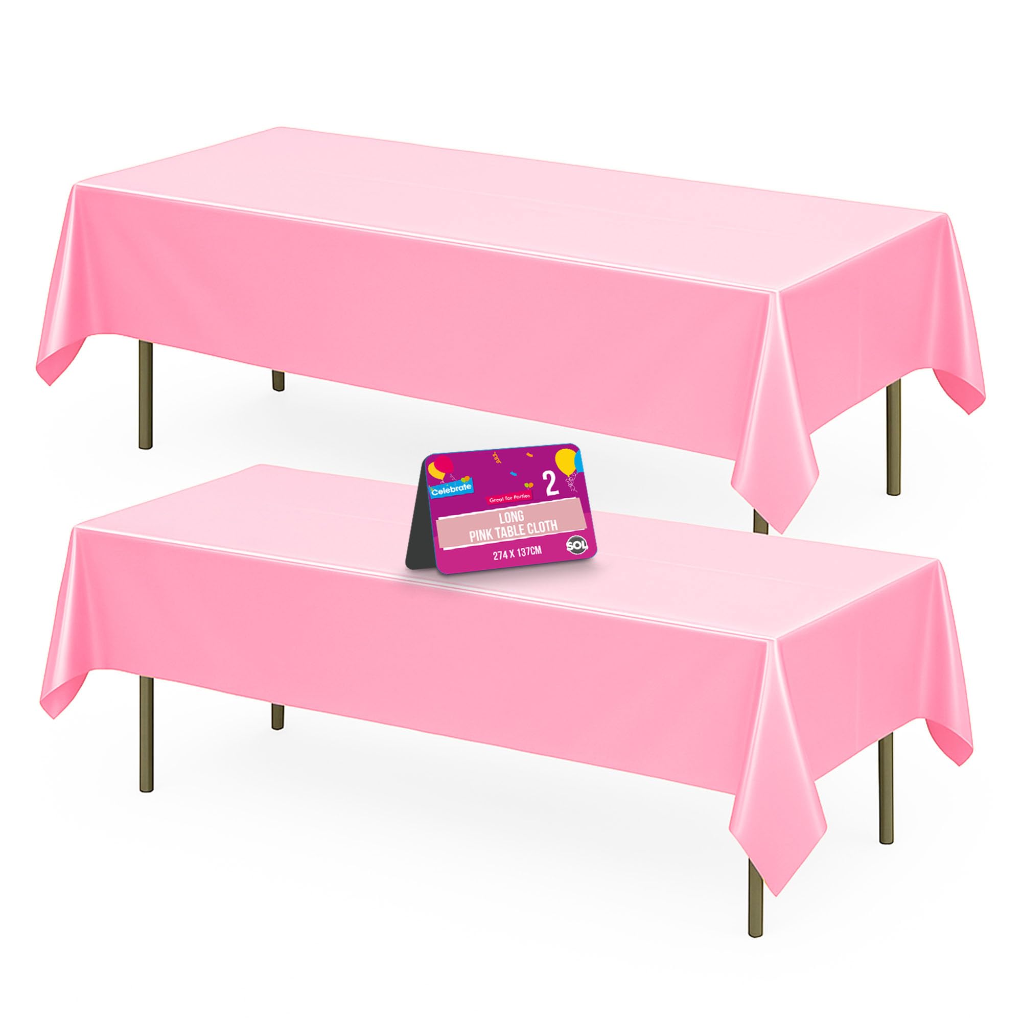 SOL 2pk Long Pink Table Cloth Party 274x137cm | Disposable Plastic Cover. Heavy Duty Spill Protection: Opaque Design for Girls Birthdays, Christening, Communion, Gender Reveals, Weddings & Events.