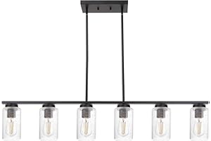 TODOLUZ 6-Lights Kitchen Island Pendant Light Fixture in Black Finish, Linear Hanging Ceiling Lighting Dining Room Chandelier with Seeded Glass Shade