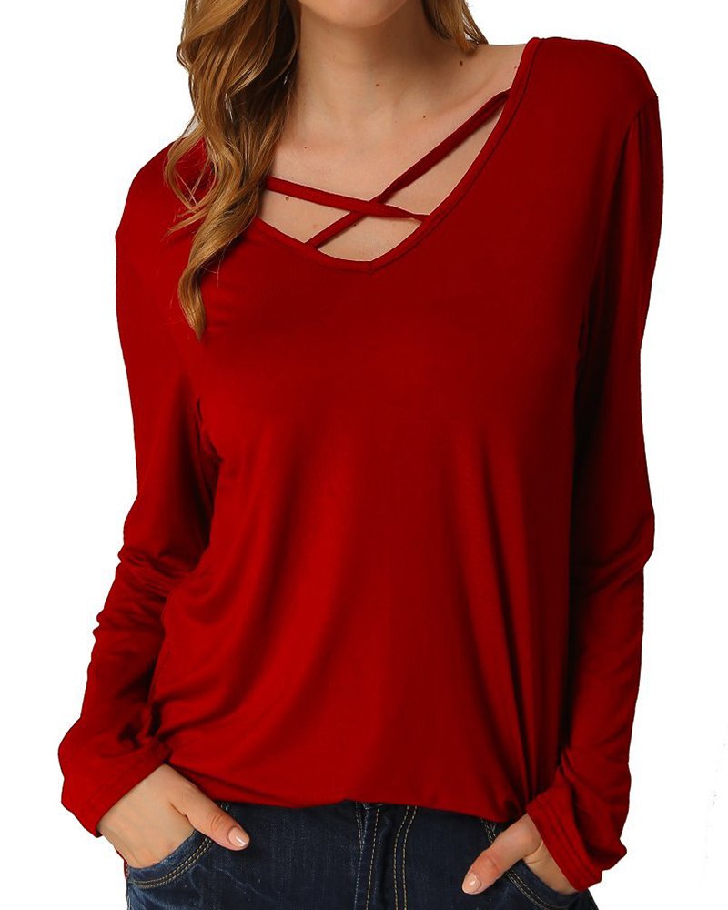 Lyxinpf Women's Long Sleeve Criss Cross Front Shirt Deep VNeck Casual Tee Sh... eBay