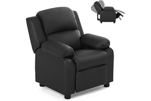Costzon Kids Recliner, Leather Recliner Chair w/Footrest, Armrest Storage, Headrest & Lumbar Support, Ergonomic Lounge Chair for Living & Gaming Room, Adjustable Recliner Sofa for Boys Girls (Black)