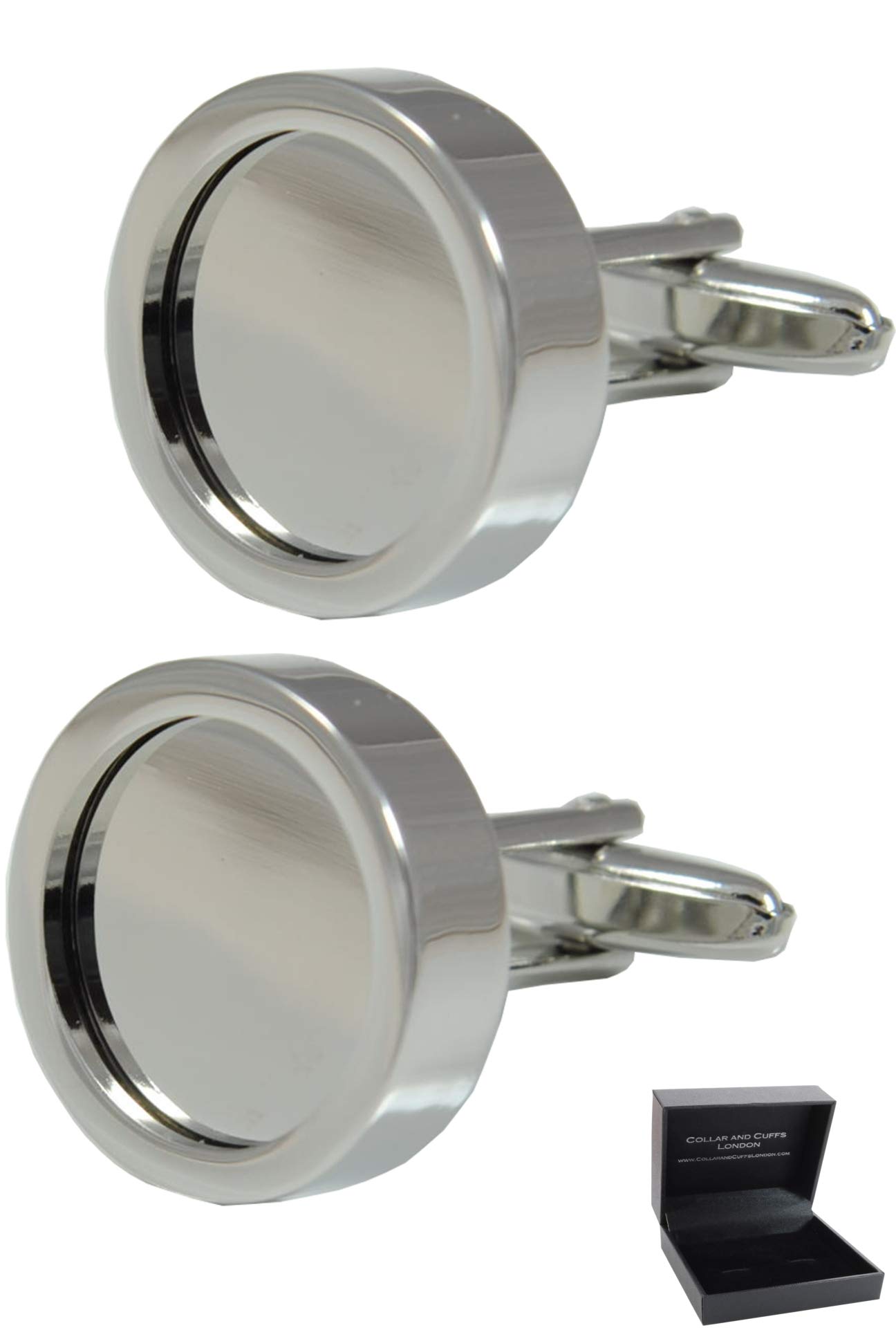 Cufflinks for Men + Presentation Box - Silver Colour - Customisable Photo Frame - Add Your Own Personalised Image - Solid Brass Metal - Round - One Pair