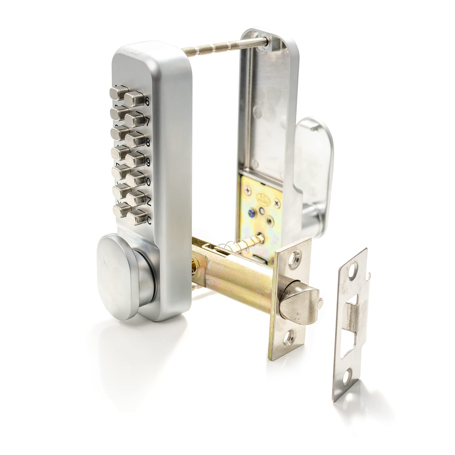 Digital 14-Btn Combination Lock with Holdback. Weather-Resistant Code Lock, 3-7 Digits. Supplied Complete with Fixings, Keyless, Silver