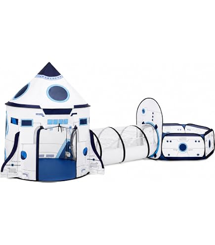 3Pcs Kids Rocket Play Tent for Boys: Pop Up Toddlers Spaceship Playhouse with Baby Crawl Tunnel, Ball Pit and Castle Tent