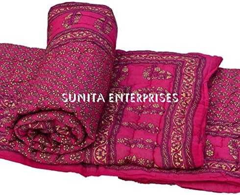 Indian Jaipuri Pink Cotton Authentic Handmade Reversible Rajasthani Double Bed Jaipuri Razai ( Sanganeri Quilt, Rajai ) with Cotton Filling