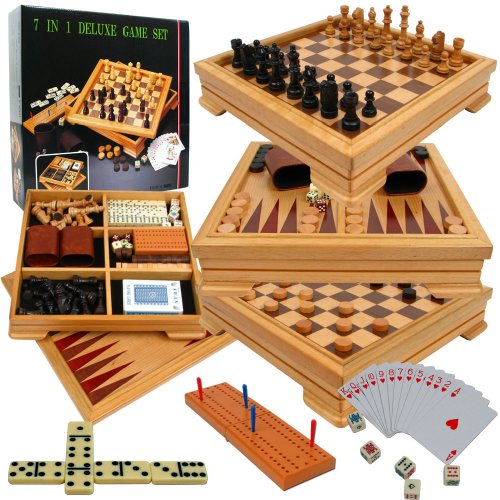 Deluxe 7-in-1 Game Set - Chess, Checkers, Backgammon and More, Brown