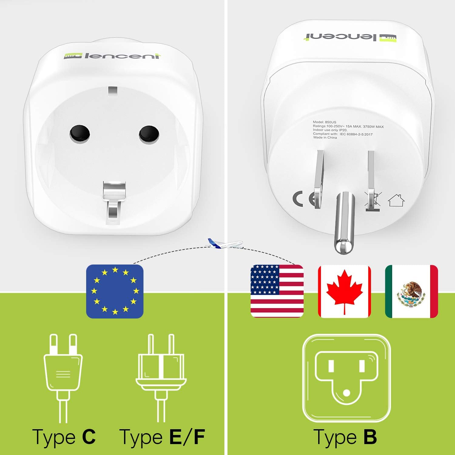 Europe to US Plug Adapter, [2 Packs] LENCENT European to USA Adapter, American Outlet Plug Adapter, EU to US Adapter, Europe to USA Travel Plug Converter: Home Audio & Theater