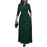 Runwind Maxi Dresses for Women, 3/4 Sleeve Botton Down Pleated Long Dress with Belt Casual Church Dress with Pockets