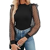WAYMAKER Women's Mock Turtle Neck Polka Dot Sheer Mesh Puff Long Sleeve Bodysuit Blouses Tops Shirts