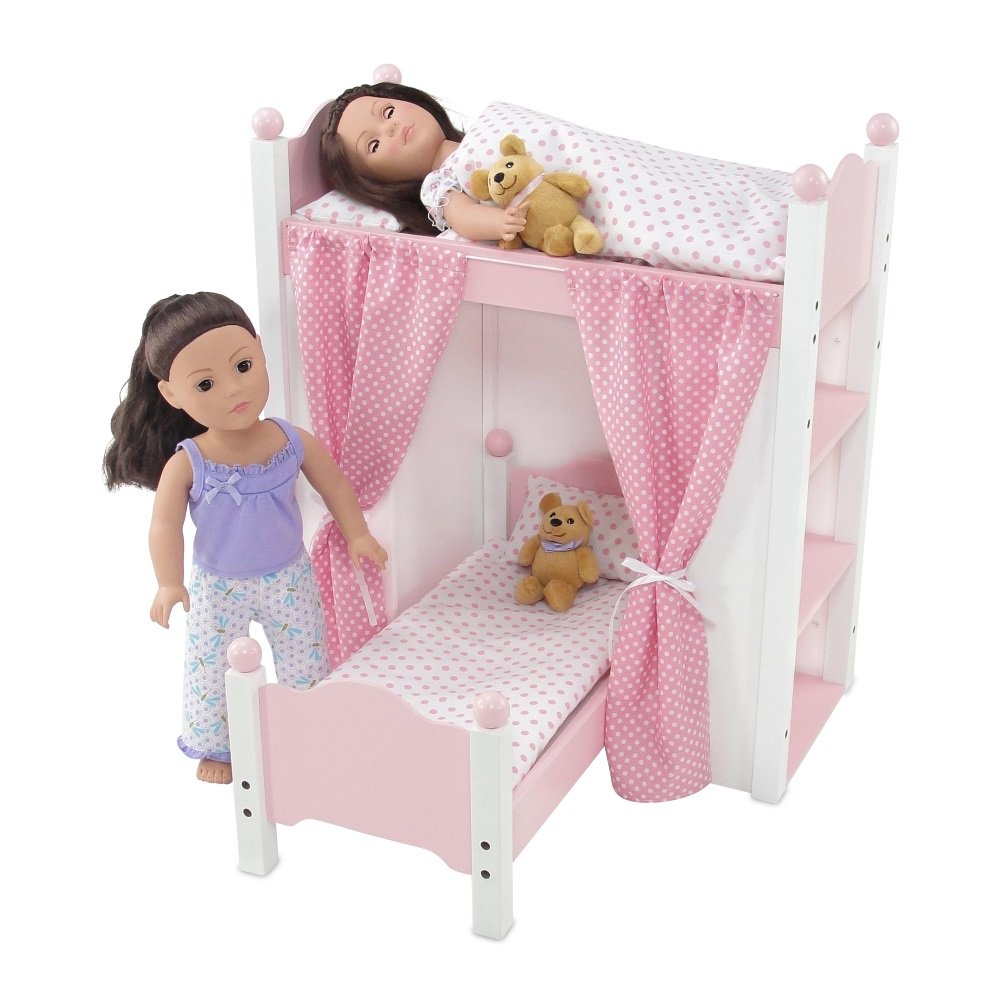Fits American Girl Dolls Pink And White Polka Dot Bedding And Coordinating Curtains White Loft Bunk Bed With Shelving Units And Angled Single Bed 18 Inch Doll Bed Furniture Includes Ladder Furniture