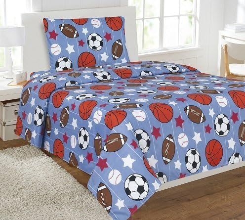 Liquidator Collections Multicolor Blue White Orange Brown Sports Basketball Football Baseball Soccer 3 Piece Printed Twin Sheet Set with Pillowcase Flat Fitted Sheet for Boys / Kids/ Teens # Game Day